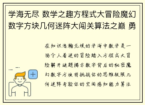 学海无尽 数学之趣方程式大冒险魔幻数字方块几何迷阵大闯关算法之巅 勇者试炼 学海无尽 数学之趣方程式大冒险魔幻数字方块几何迷阵大闯关算法之巅 勇者试炼